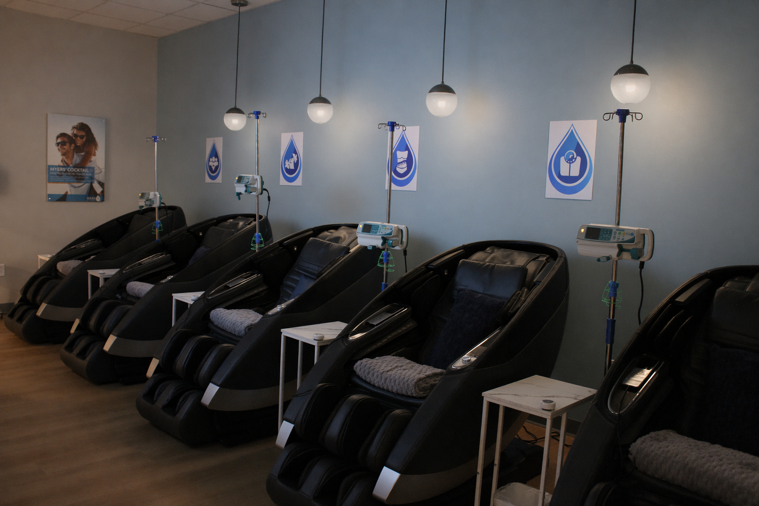 Rows of zero-gravity massage chairs and IV stands in the Prime IV Nolensville lounge
